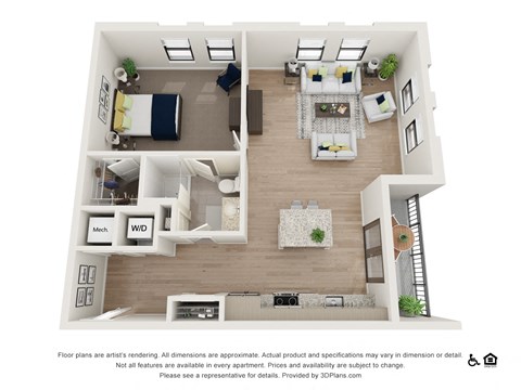Floor plan for 1 bed, 1 bath, 962 sqft